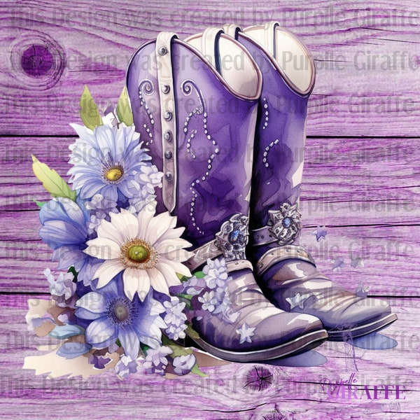 Cowgirl, Cow boots, Floral, Rhinestones, purple boots, PNG