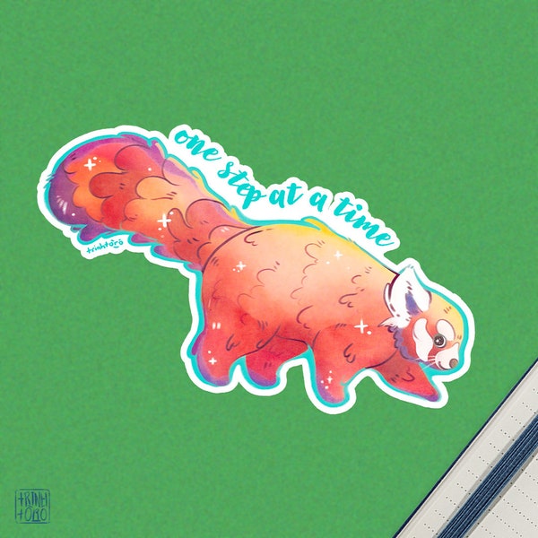 Red panda one step at a time, holographic shiny sticker, cute kawaii animal