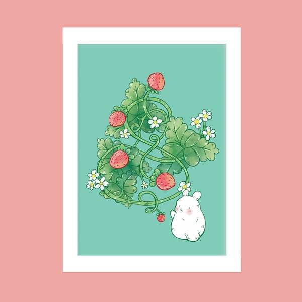 Strawberry picking, spring art print, kawaii cute artwork