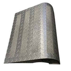 May include: A silver metal ramp with a diamond plate pattern and three gray, textured strips. The ramp has a curved edge and a black base, designed for accessibility and safety.