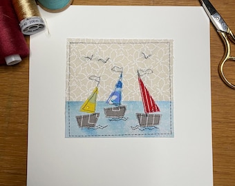 Tarjeta "Tres Barquitos": Tarjeta de felicitación textil hecha a mano y cosida a mano.