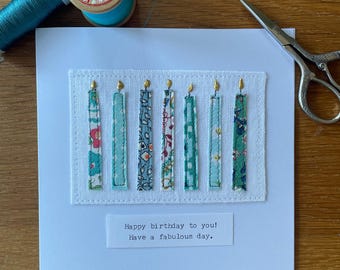 Tarjeta de cumpleaños con velas: Tarjeta de felicitación textil hecha a mano y cosida a mano.
