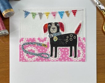 Tarjeta de felicitación textil hecha a mano con diseño de perro - Paseos