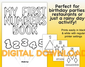 May include: Black and white printable activity book for kids featuring the words "My First Numbers Book" and illustrations of numbers 1 through 5. The numbers are surrounded by a variety of shapes, including triangles, stars, and diamonds.