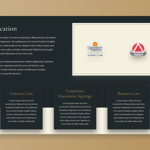 Może przedstawiać: Strona internetowa w kolorze ciemnoniebieskim i białym dla Wydziału Prawa Uniwersytetu Wirginii. Strona zawiera sekcję poświęconą edukacji z tekstem o programie nauczania wydziału prawa. Są też sekcje poświęcone prawu um&oacute;w, podpisywaniu dokument&oacute;w korporacyjnych i prawu handlowemu.