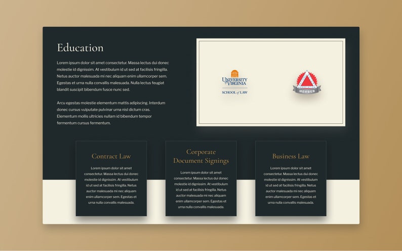 Może przedstawiać: Strona internetowa w kolorze ciemnoniebieskim i białym dla Wydziału Prawa Uniwersytetu Wirginii. Strona zawiera sekcję poświęconą edukacji z tekstem o programie nauczania wydziału prawa. Są też sekcje poświęcone prawu um&oacute;w, podpisywaniu dokument&oacute;w korporacyjnych i prawu handlowemu.