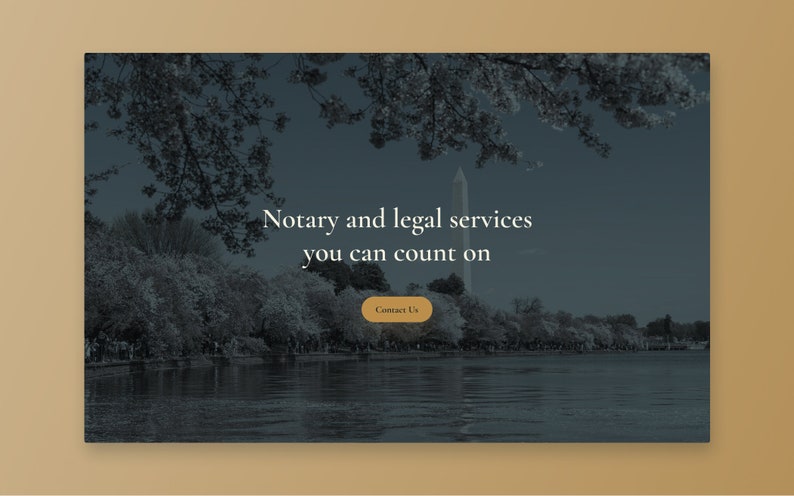 Może przedstawiać: Baner strony internetowej z ciemnoniebieskim tłem przedstawiający nocny obraz rzeki z drzewami i wysokim budynkiem w oddali. Tekst "Notary and legal services you can count on" jest wyświetlany białym kolorem czcionki. Przycisk z etykietą "Contact Us" znajduje się w środku obrazu.