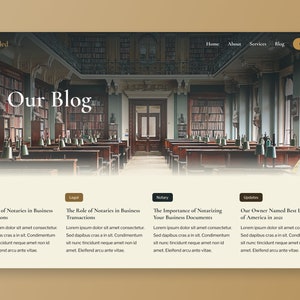 Może przedstawiać: Strona gł&oacute;wna witryny internetowej firmy świadczącej usługi prawne o nazwie "Sealed". Witryna zawiera zdjęcie biblioteki z regałami na książki i dużym drewnianym stołem. Witryna zawiera r&oacute;wnież sekcję bloga z artykułami na temat roli notariuszy w transakcjach biznesowych, znaczenia notarialnego poświadczenia dokument&oacute;w biznesowych oraz o tym, że właściciel firmy został uznany za najlepszego prawnika w Ameryce.