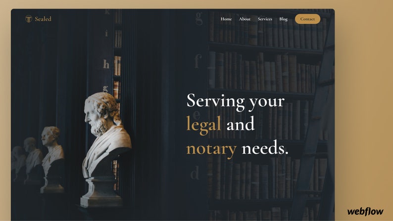 Może przedstawiać: Strona gł&oacute;wna witryny internetowej dla usług prawnych i notarialnych o nazwie "Scaled". Witryna ma ciemne tło z regałem pełnym książek i biały tekst nagł&oacute;wka, kt&oacute;ry brzmi "Serving your legal and notary needs."
