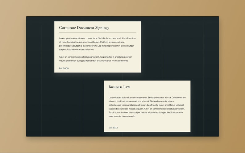 Może przedstawiać: Dwie białe prostokątne karty z czarnym tekstem na ciemnoniebieskim tle. G&oacute;rna karta zawiera napis "Corporate Document Signings", a dolna karta zawiera napis "Business Law". Obie karty mają mały tekst u dołu, kt&oacute;ry brzmi odpowiednio "Est. 2008" i "Est. 2012".
