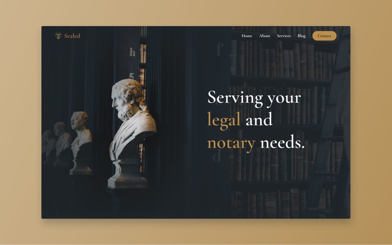 Może przedstawiać: Strona gł&oacute;wna witryny internetowej dla usług prawnych i notarialnych o nazwie "Sealed". Witryna ma ciemne tło z p&oacute;łką pełną książek i popiersiem mężczyzny na pierwszym planie. Tekst "Serving your legal and notary needs." jest wyświetlany na białym tle na ciemnym tle.
