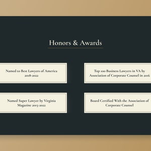 Może przedstawiać: Czarno-biały obraz z tekstem "Honors & Awards" u g&oacute;ry. Są cztery prostokątne ramki z białym tekstem na czarnym tle. Ramki wymieniają nagrody i wyr&oacute;żnienia, w tym "Named to Best Lawyers of America 2018-2022", "Top 100 Business Lawyers in VA by Association of Corporate Counsel in 2016", "Named Super Lawyer by Virginia Magazine 2015-2022" oraz "Board Certified With the Association of Corporate Counsel".