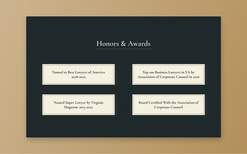 Może przedstawiać: Czarno-biały obraz z tekstem "Honors & Awards" u g&oacute;ry. Są cztery prostokątne ramki z białym tekstem na czarnym tle. Ramki wymieniają nagrody i wyr&oacute;żnienia, w tym "Named to Best Lawyers of America 2018-2022", "Top 100 Business Lawyers in VA by Association of Corporate Counsel in 2016", "Named Super Lawyer by Virginia Magazine 2015-2022" oraz "Board Certified With the Association of Corporate Counsel".