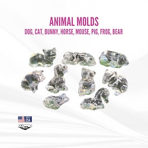 May include: A set of eight clear plastic animal molds for making crafts or treats. The molds are shaped like a dog, cat, bunny, horse, mouse, pig, frog, and bear. The molds are made in the USA by Zapps0 Design.
