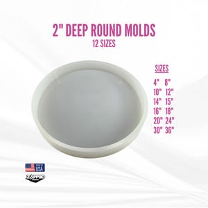 May include: A white, 2-inch deep round mold for crafting. The mold is shown in a size of 12 inches in diameter. The image also shows a chart of 12 different sizes of molds, ranging from 4 inches to 30 inches in diameter.
