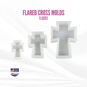 May include: Three white flared cross molds of varying sizes are displayed against a white background. The text "FLARED CROSS MOLDS" and "5 SIZES" is visible. The image also includes a "MADE IN USA" logo.
