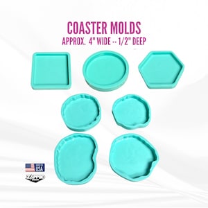 May include: Set of seven silicone molds for making coasters. The molds are in various shapes, including square, round, hexagonal, and freeform. The molds are approximately 4 inches wide and 1/2 inch deep. The molds are made in the USA.