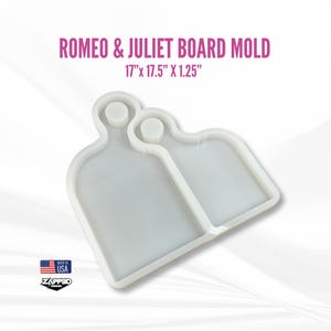May include: A white, two-part mold for making a Romeo & Juliet board. The mold is made of a flexible material and measures 17" x 17.5" x 1.25". The text "ROMEO & JULIET BOARD MOLD" is printed above the mold. Made in the USA.
