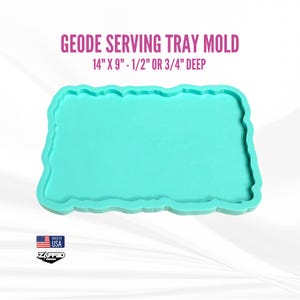 May include: A turquoise silicone mold for making geode serving trays. The mold is 14 inches by 9 inches and is 1/2 inch or 3/4 inch deep. The mold has a wavy edge.