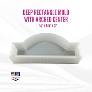 May include: White plastic mold for making concrete or resin crafts. The mold is shaped like a rectangle with an arched center. The mold is 14 inches long, 5.5 inches wide, and 3 inches deep.  "MADE IN USA" and "ZAPPED DESIGN" are printed on the mold.