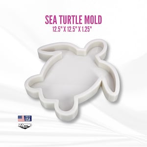 May include: A white sea turtle mold with the text SEA TURTLE MOLD and dimensions 12.5" x 12.5" x 1.25" printed above it. The mold features a hollow center in the shape of a sea turtle. A small logo with the text ZAPP3D DESIGN and a USA flag is visible.