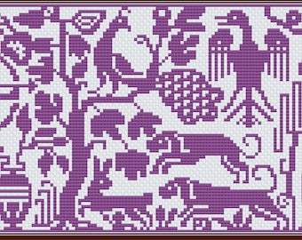 May include: A purple cross-stitch embroidery design featuring a stylized scene with figures, animals, and plants. The design is framed in a brown frame.