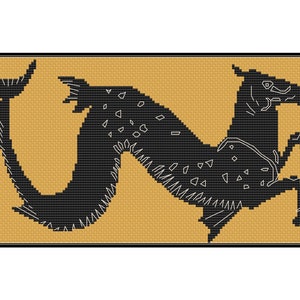 Könnte beinhalten: Eine Schwarz-Weiß-Illustration eines Seepferds vor gelbem Hintergrund. Das Seepferdchen ist stilisiert und hat ein geometrisches Muster.