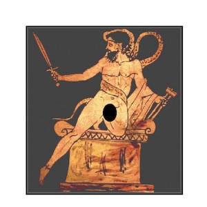 May include: A black and orange illustration of a Greek god holding a sword and sitting on a throne. The god is nude and has a beard. The throne is decorated with a snake.