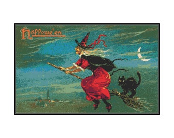 May include: A vintage Halloween illustration of a witch flying on a broomstick with a black cat. The witch is wearing a red dress and a black hat. The background is a dark blue sky with a crescent moon.