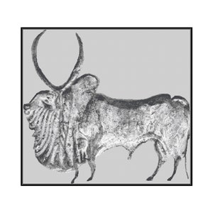 May include: A grayscale illustration of a bull with large curved horns. The bull is depicted in profile, with detailed shading and texture, suggesting an ancient or historical artistic style. The image is framed within a black border.