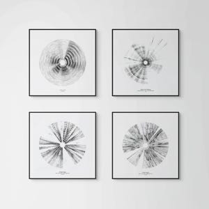 May include: Four framed abstract art prints. Each print features a black and white circular design with varying patterns. The frames are black, and the prints are displayed against a white wall. The prints have text at the bottom.