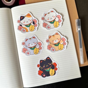 Lucky Cat Sticker | Kawaii Japanese Meneki-neko Sticker, Cat Sticker, Calico Cat Good Luck Sticker, Cherry Blossom Floral Waterproof Sticker