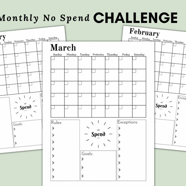 Monthly No Spend Challenge Calendar - Digital Download PDF - Financial Challenge