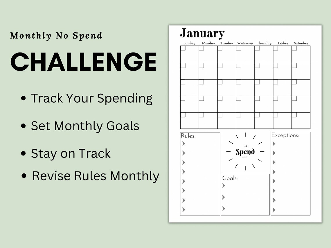 Monthly no spend challenge calendar digital download pdf financial