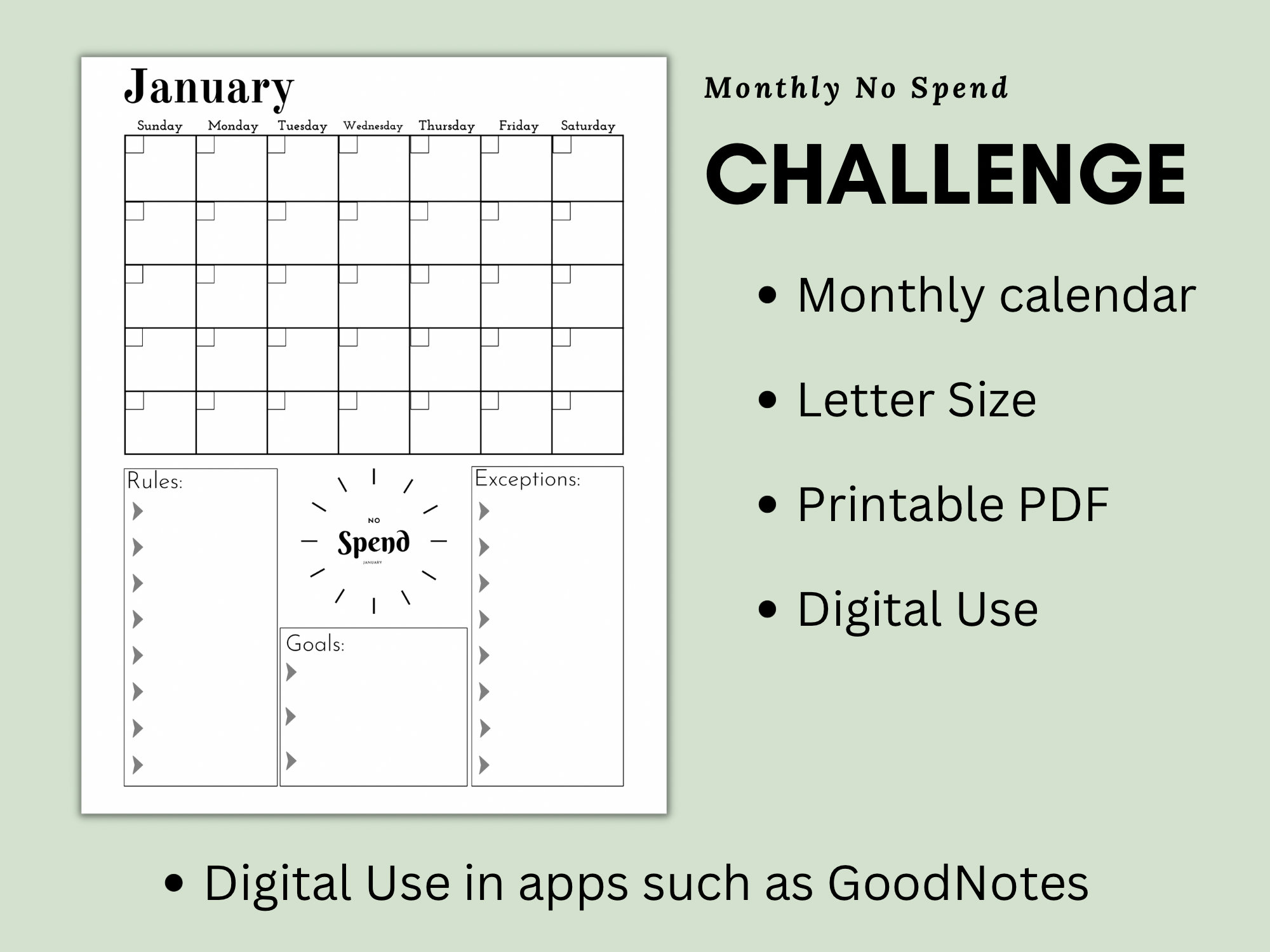 Monthly no spend challenge calendar digital download pdf financial