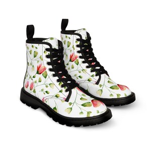 Flourishing Red Tulips Vegan Leather Lace Up Boots Hiking Outdoors Faux Combat Womens Boots