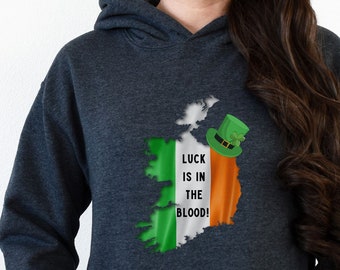 Luck in is the blood Heavy Blend Hooded Sweatshirt, Unisex Irish hoodie, St Patricks day pull over, Ireland map and flag shirt, Cute Hat Top