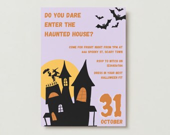 Halloween Invitation Template, Printable Themed Party Invitation, Digital Kids Party Invite Template, Haunted House Card, Halloween Card