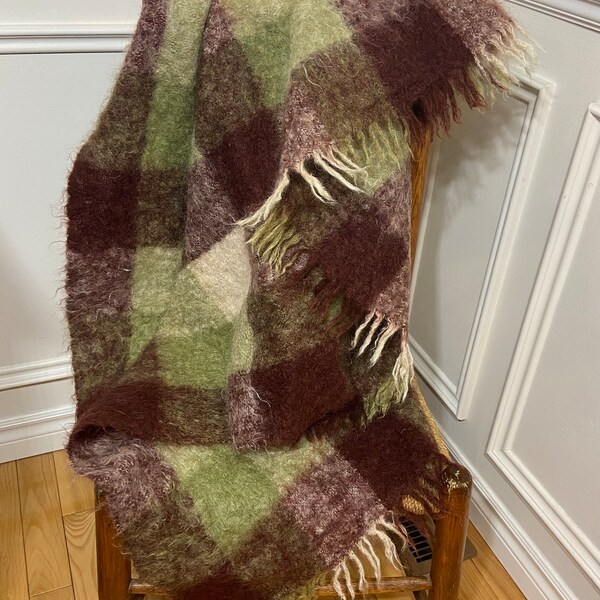 100% mohair  blanket (green, brown and cream color) pure wool, heavy wool, vintage woolen fabric, antique wool