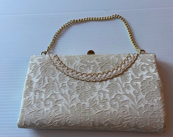 Unmarked Vintage Off White/Cream Clutch/Evening Bag Made from Brocade