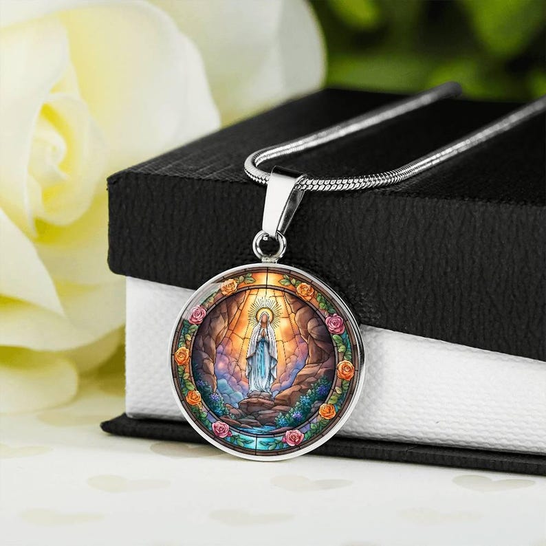 Stained Glass Effect Our Lady of Lourdes - Necklace - 18k Gold or ...