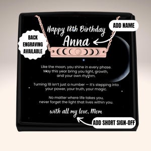 18th Birthday Gift for Her • Moon Phase Necklace • Personalized Bar Pendant with Message Card • Custom Jewelry for Daughter or Niece