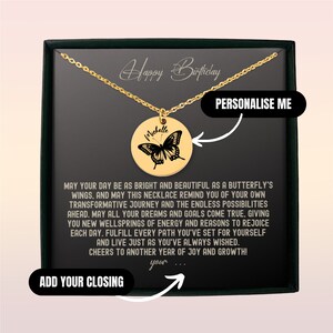 Personalized Birthday Butterfly Coin Necklace Gift For Her | Custom Name Engraved Pendant Bday Present For Women | Back Engraving Available