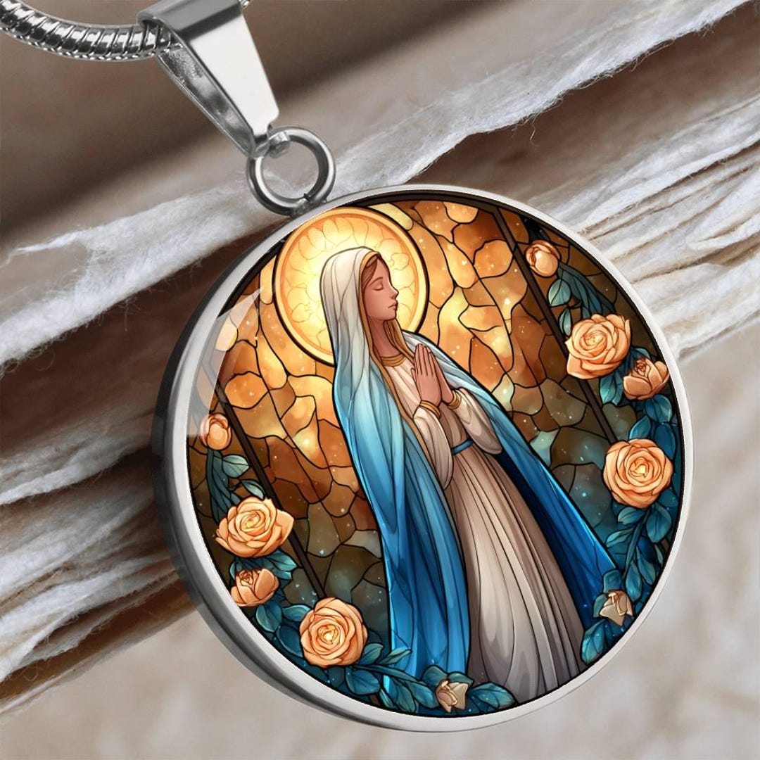Our Lady of Lourdes Necklace - Stained Glass Effect in Gold or Silver ...