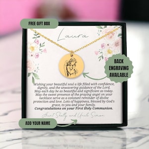 First Communion Gift for Girl • Praying Angel Necklace • Personalized Religious Jewelry and Card • Engraved Pendant for Niece or Goddaughter
