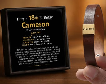18th Birthday Boy Personalized Gift - Vegan Leather Engraved Bracelet For Him