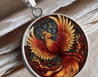 Faux Stained Glass Phoenix Necklace – Symbol of Rebirth