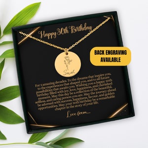 30th Birthday Name & Birth Flower Necklace Gift For Her | Personalized Women Bday Present With Message Card | Back Engraving Available