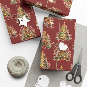 Wrapping Paper: Watercolor Christmas Trees, Oh Christmas Tree, Watercolor Red background {Gift Wrap, Holiday, Christmas}