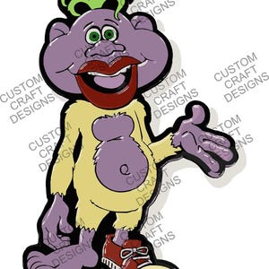 May include: Cartoon character illustration with a purple face, green hair, and a large red mouth. The character has a yellow body and is wearing red and white sneakers. The text "CUSTOM CRAFT DESIGNS" is repeated around the character.